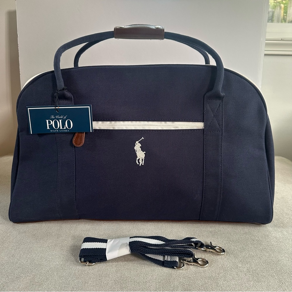 Polo by Ralph Lauren Navy Canvas Duffel with White Logo and Trim. New.